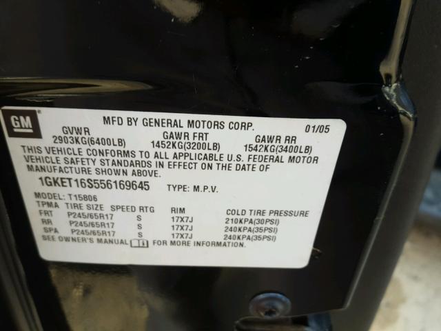 1GKET16S556169645 - 2005 GMC ENVOY XL BLACK photo 10