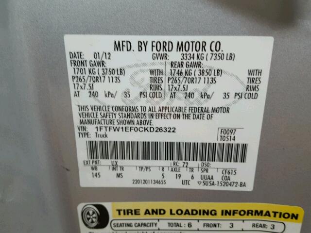 1FTFW1EF0CKD26322 - 2012 FORD F150 SUPER SILVER photo 10