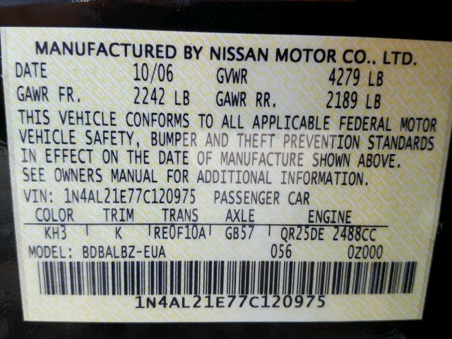 1N4AL21E77C120975 - 2007 NISSAN ALTIMA 2.5 BLACK photo 10