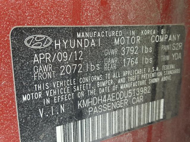 KMHDH4AE0DU513982 - 2013 HYUNDAI ELANTRA GL RED photo 10