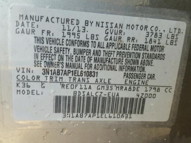 3N1AB7AP1EL610831 - 2014 NISSAN SENTRA S GRAY photo 10