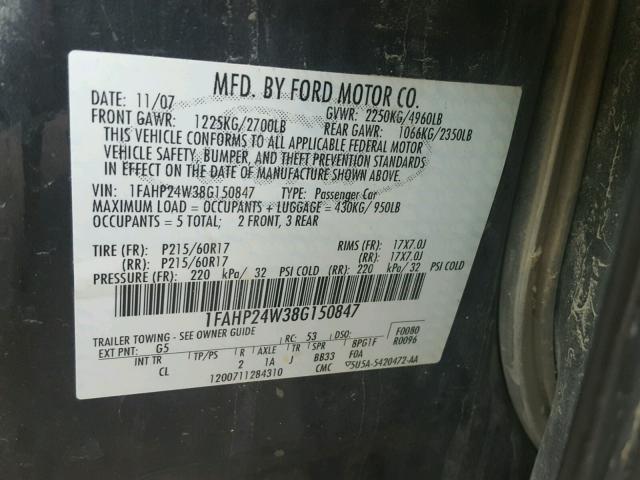 1FAHP24W38G150847 - 2008 FORD TAURUS SEL GRAY photo 10