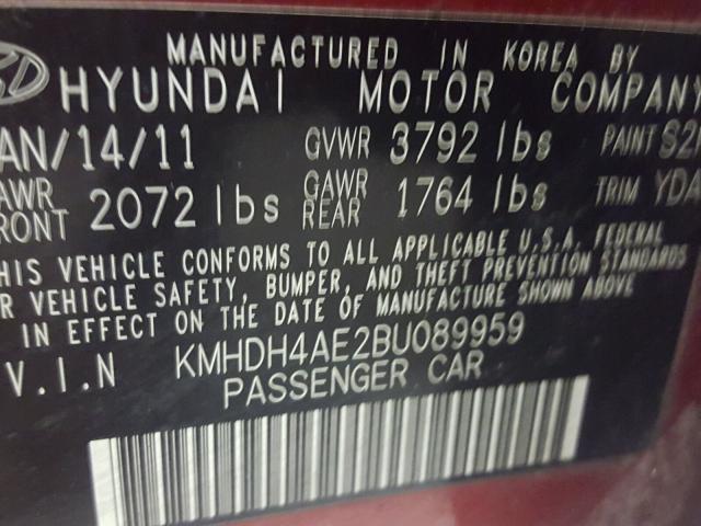 KMHDH4AE2BU089959 - 2011 HYUNDAI ELANTRA GL RED photo 10