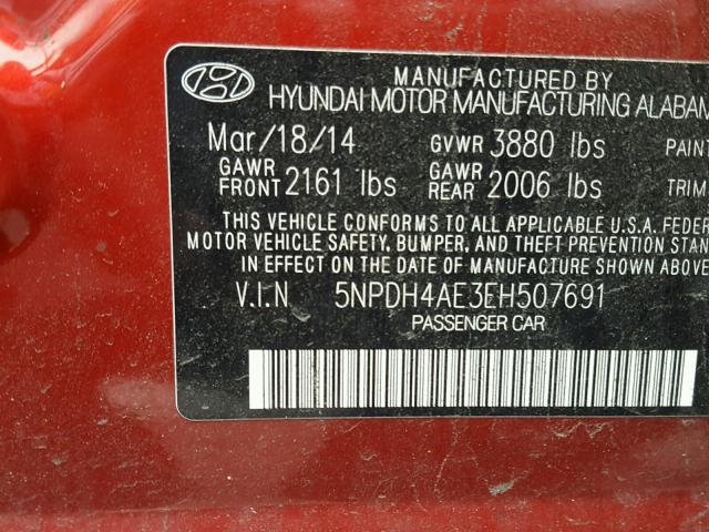 5NPDH4AE3EH507691 - 2014 HYUNDAI ELANTRA SE RED photo 10