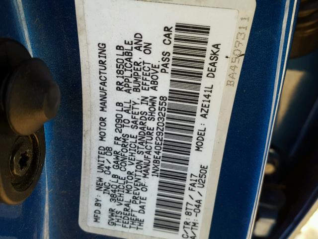 1NXBE40E29Z032558 - 2009 TOYOTA COROLLA XR BLUE photo 10