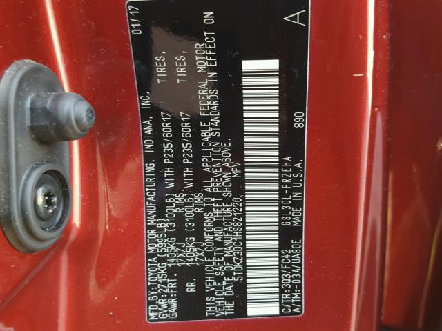 5TDKZ3DC1HS821220 - 2017 TOYOTA SIENNA LE RED photo 10