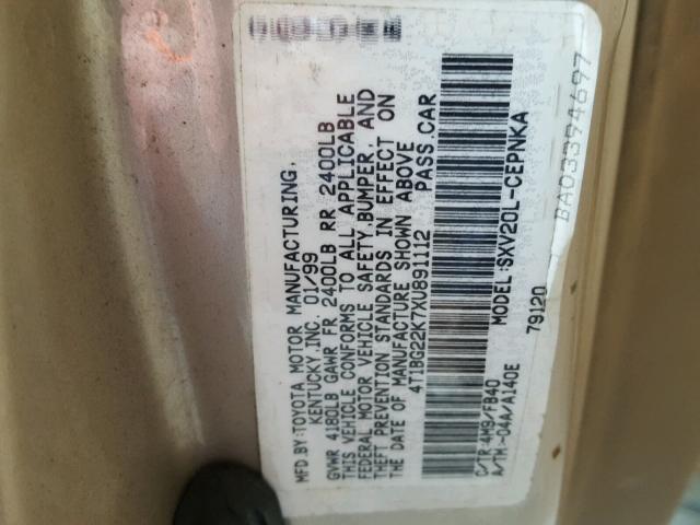 4T1BG22K7XU891112 - 1999 TOYOTA CAMRY CE GOLD photo 10