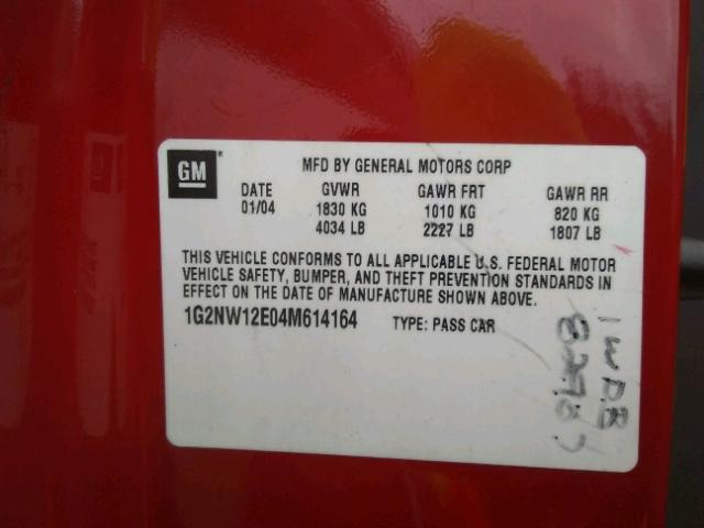 1G2NW12E04M614164 - 2004 PONTIAC GRAND AM G RED photo 10