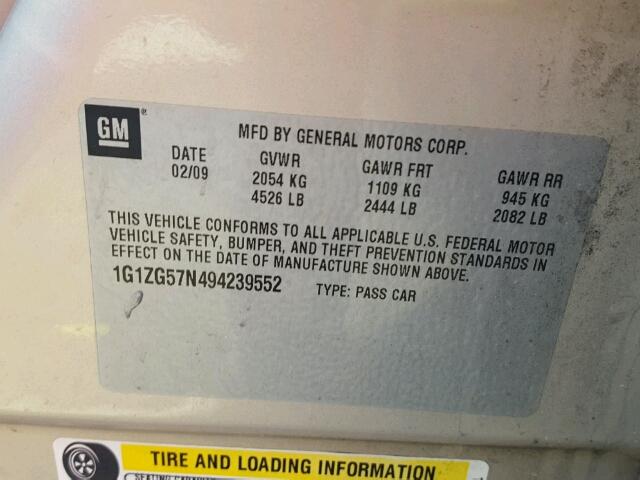 1G1ZG57N494239552 - 2009 CHEVROLET MALIBU LS GOLD photo 10