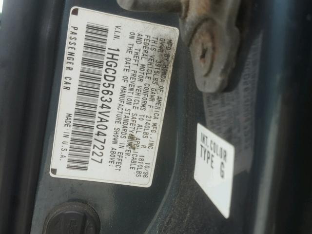 1HGCD5634VA047227 - 1997 HONDA ACCORD LX BLUE photo 10