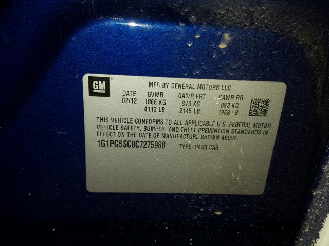 1G1PG5SC8C7275988 - 2012 CHEVROLET CRUZE LT BLUE photo 10