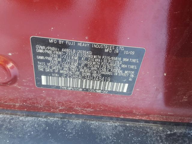 JF2SH6AC3AH748419 - 2010 SUBARU FORESTER 2 MAROON photo 10