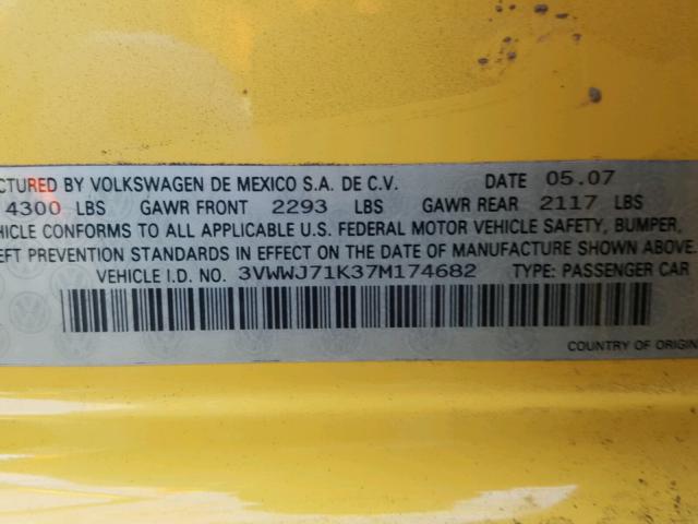 3VWWJ71K37M174682 - 2007 VOLKSWAGEN JETTA GLI YELLOW photo 10