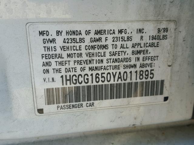 1HGCG1650YA011895 - 2000 HONDA ACCORD EX WHITE photo 10