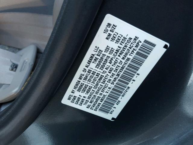 5FNRL387X9B016786 - 2009 HONDA ODYSSEY EX GRAY photo 8