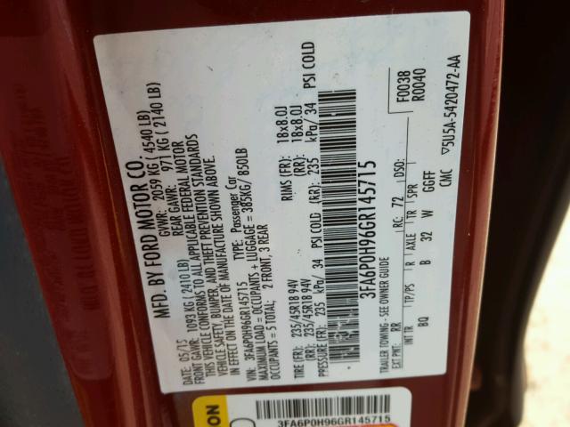 3FA6P0H96GR145715 - 2016 FORD FUSION SE RED photo 10