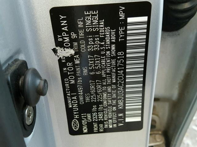 KM8JU3AC2CU417518 - 2012 HYUNDAI TUCSON GLS SILVER photo 10