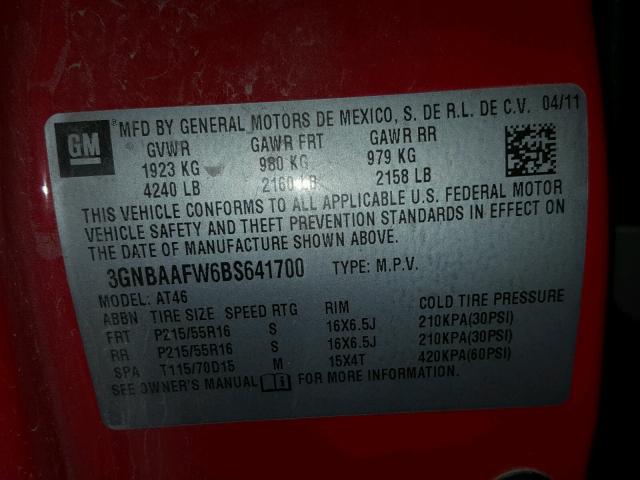 3GNBAAFW6BS641700 - 2011 CHEVROLET HHR LS RED photo 10