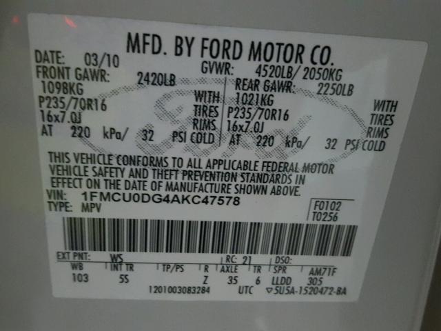 1FMCU0DG4AKC47578 - 2010 FORD ESCAPE XLT WHITE photo 10