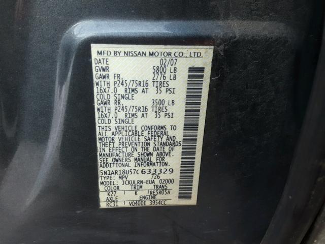 5N1AR18U57C633329 - 2007 NISSAN PATHFINDER GRAY photo 10