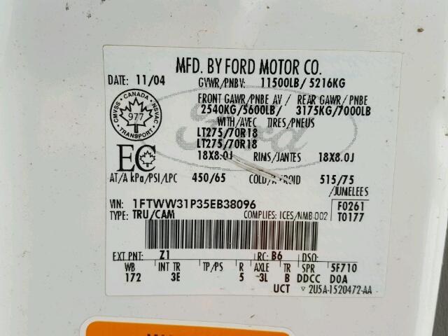 1FTWW31P35EB38096 - 2005 FORD F350 SRW S WHITE photo 10