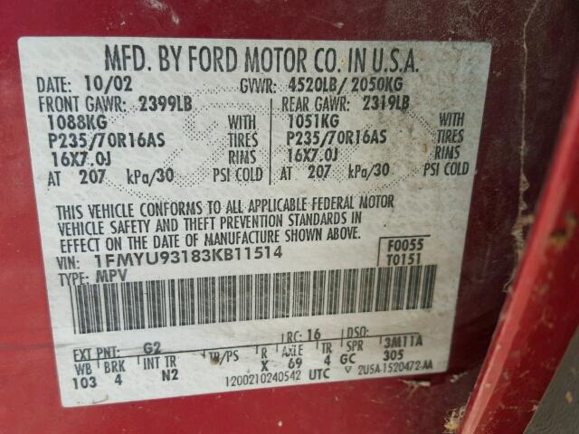 1FMYU93183KB11514 - 2003 FORD ESCAPE XLT RED photo 10