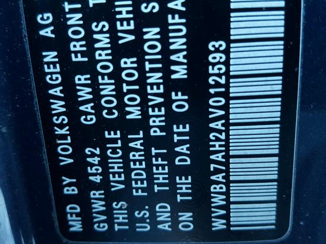 WVWBA7AH2AV012593 - 2010 VOLKSWAGEN EOS TURBO BLUE photo 10