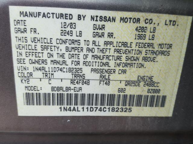 1N4AL11D74C182325 - 2004 NISSAN ALTIMA BAS TAN photo 10