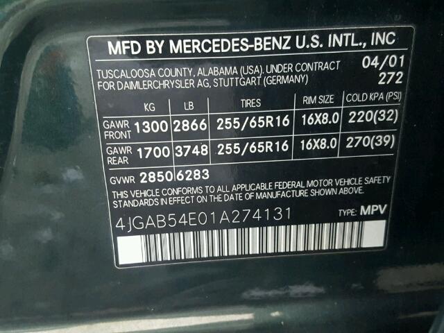 4JGAB54E01A274131 - 2001 MERCEDES-BENZ ML 320 GREEN photo 10