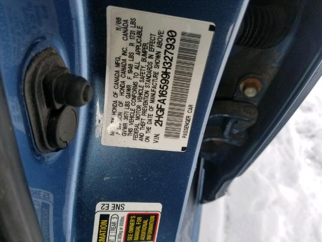 2HGFA16599H327930 - 2009 HONDA CIVIC LX BLUE photo 10