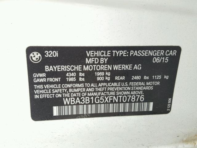 WBA3B1G5XFNT07876 - 2015 BMW 320 I WHITE photo 10