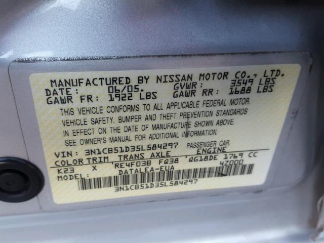 3N1CB51D35L584297 - 2005 NISSAN SENTRA 1.8 SILVER photo 10