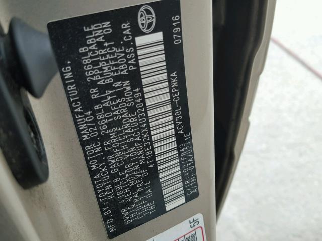 4T1BE32KX4U320494 - 2004 TOYOTA CAMRY LE 棕色 照片 10