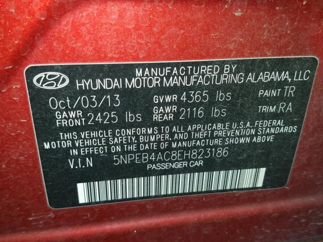 5NPEB4AC8EH823186 - 2014 HYUNDAI SONATA GLS MAROON photo 10