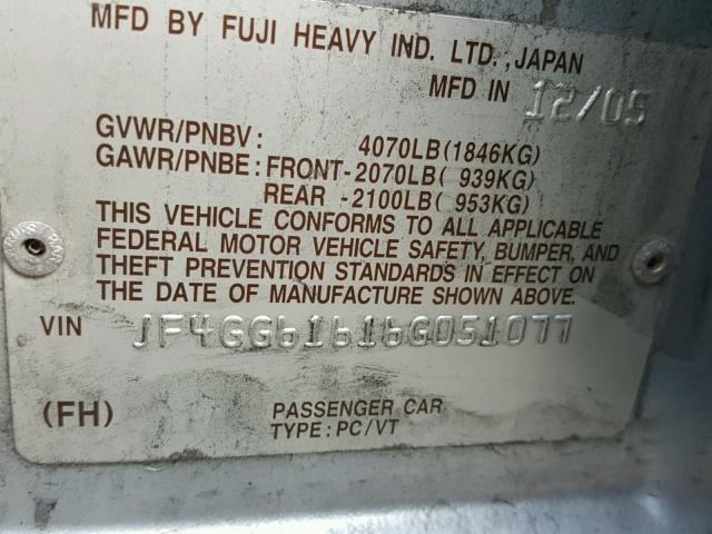 JF4GG61616G051077 - 2006 SAAB 9-2 2.5I SILVER photo 10