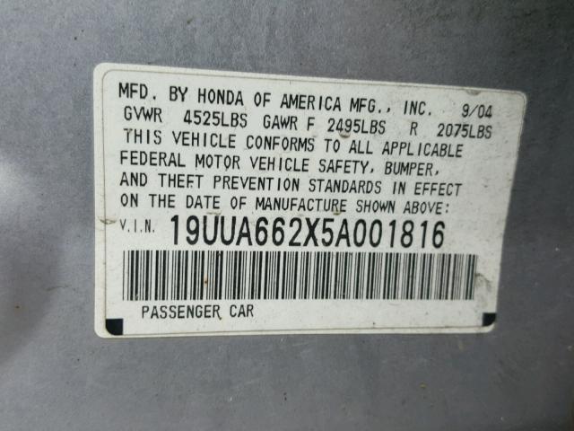 19UUA662X5A001816 - 2005 ACURA TL SILVER photo 10