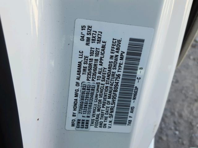 5FNRL5H95FB094756 - 2015 HONDA ODYSSEY TO WHITE photo 10