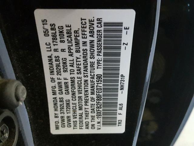 19XFB2F88FE071590 - 2015 HONDA CIVIC EX შავი ფოტო 10