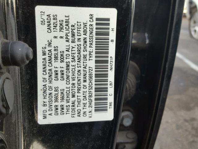 2HGFB2F52CH569727 - 2012 HONDA CIVIC LX BLACK photo 10