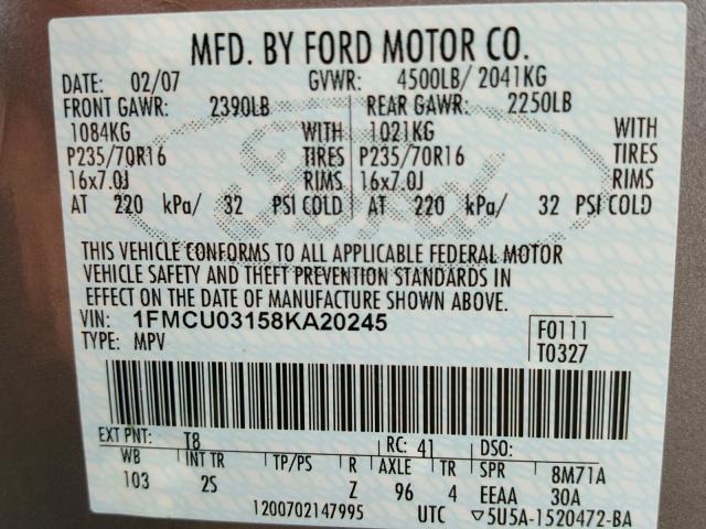 1FMCU03158KA20245 - 2008 FORD ESCAPE XLT SILVER photo 10