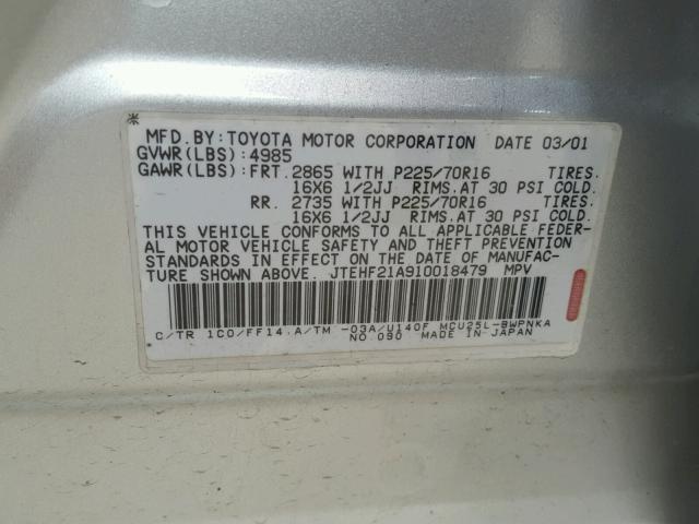 JTEHF21A910018479 - 2001 TOYOTA HIGHLANDER SILVER photo 10