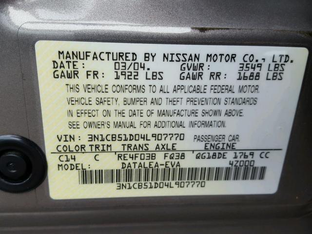 3N1CB51D04L907770 - 2004 NISSAN SENTRA 1.8 GRAY photo 10