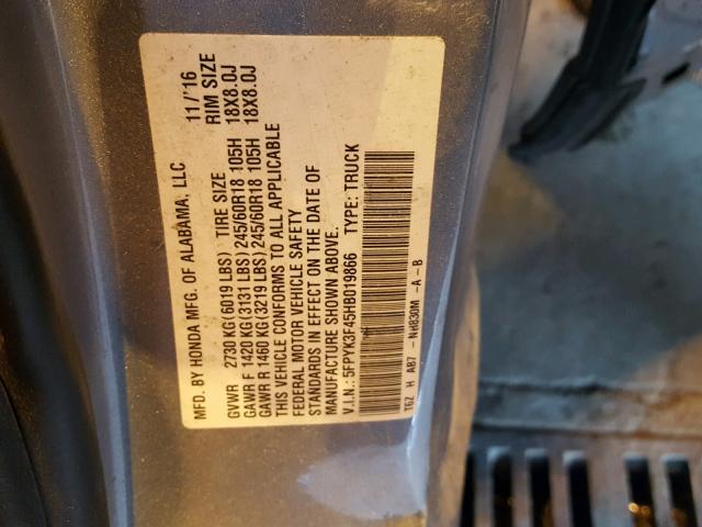 5FPYK3F45HB019866 - 2017 HONDA RIDGELINE SILVER photo 10