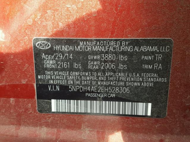 5NPDH4AE2EH528306 - 2014 HYUNDAI ELANTRA SE RED photo 10