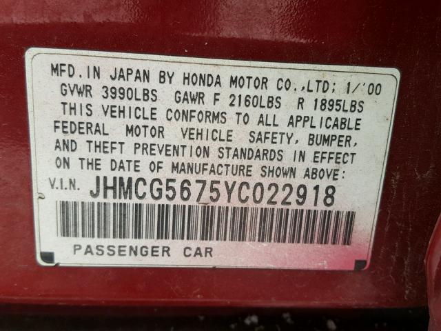 JHMCG5675YC022918 - 2000 HONDA ACCORD SE RED photo 10