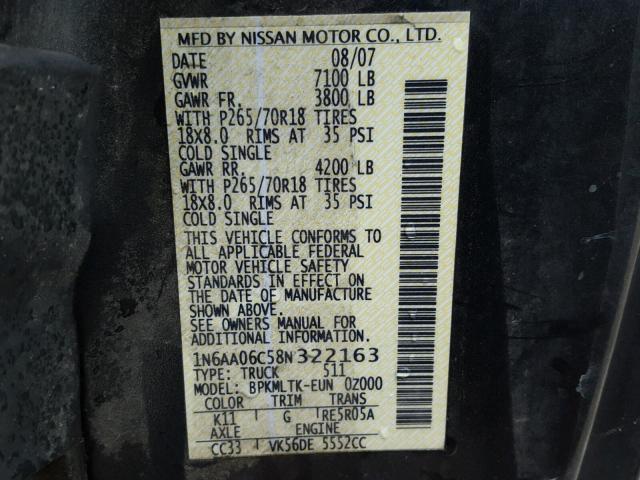 1N6AA06C58N322163 - 2008 NISSAN TITAN XE GRAY photo 10