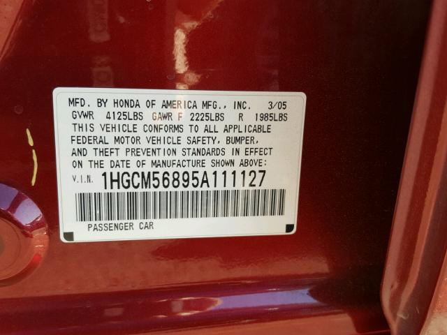 1HGCM56895A111127 - 2005 HONDA ACCORD EX RED photo 10