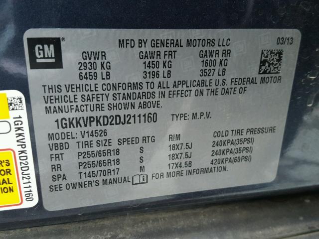 1GKKVPKD2DJ211160 - 2013 GMC ACADIA SLE BLUE photo 10