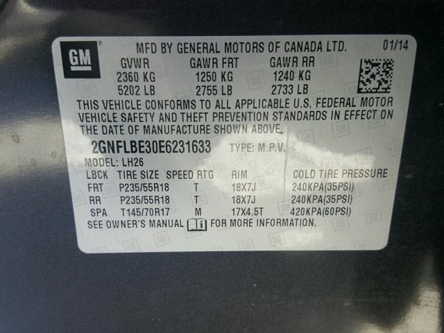 2GNFLBE30E6231633 - 2014 CHEVROLET EQUINOX LT GRAY photo 10