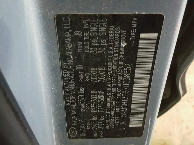 5NMSH13E67H038552 - 2007 HYUNDAI SANTA FE S BLUE photo 10